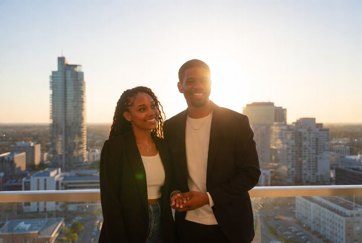 Happy Nigerian couple looking toward their future after following the study abroad, tech job, marriage and permanent settlement roadmap