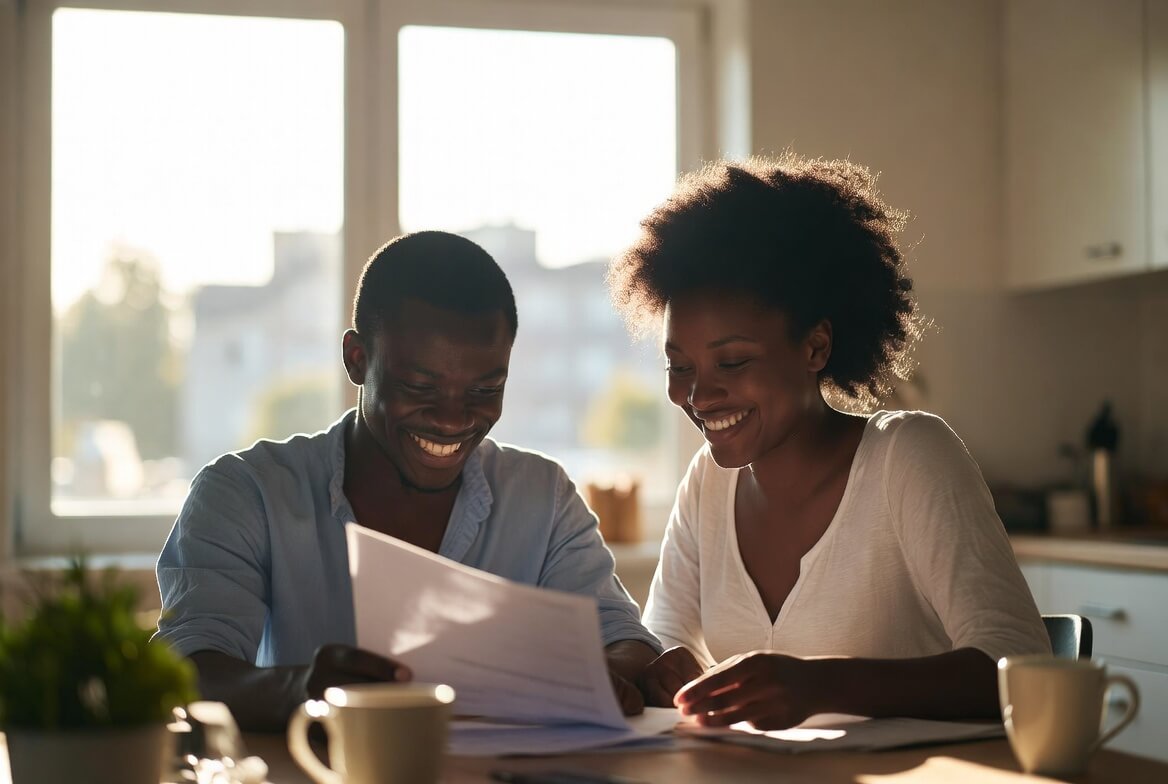 Happy Nigerian couple reviewing documents together after marriage while on visa abroad