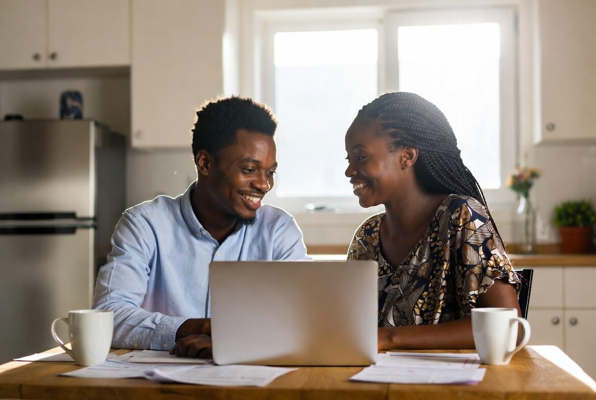 Happy Nigerian couple reviewing documents together while planning permanent residency through tech career and marriage in Canada or Germany