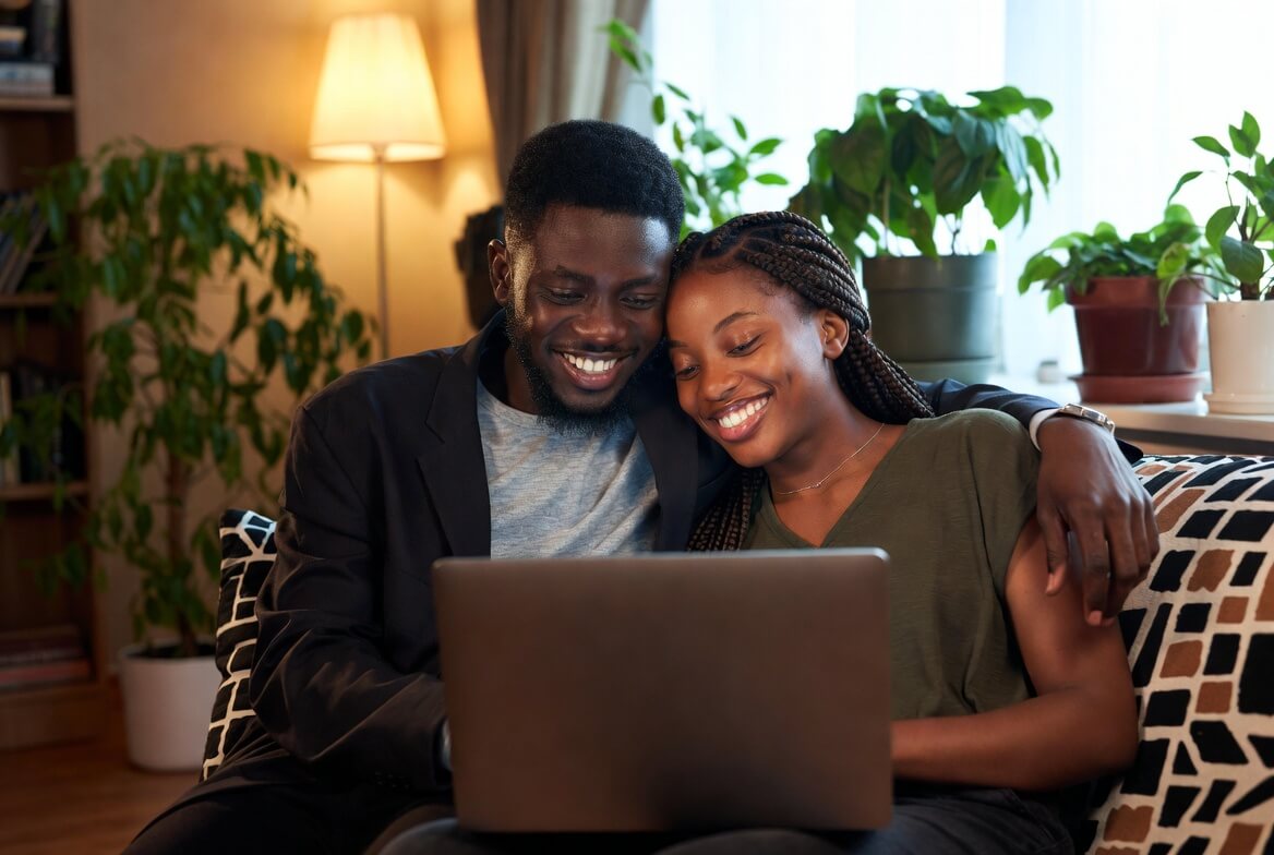 Happy Nigerian couple sharing success story of meeting through dating apps and building a life abroad