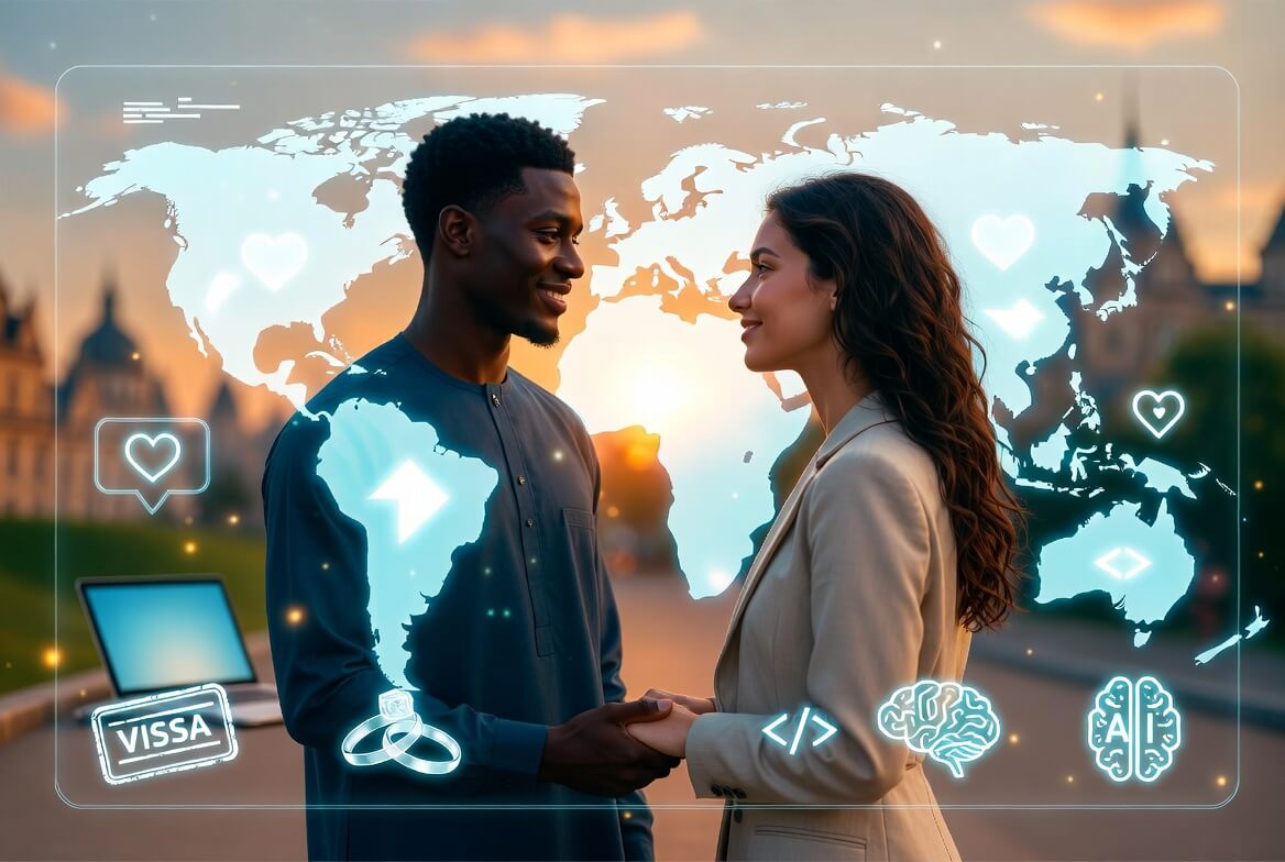 Happy interracial tech couple representing genuine marriage and successful relocation abroad in 2026