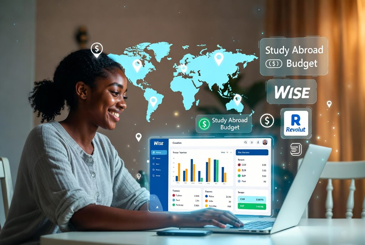Nigerian student and family using budgeting apps and currency converters to plan affordable study abroad in 2026