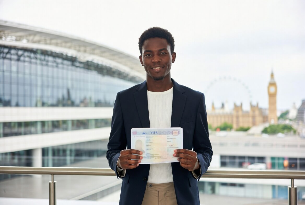 Nigerian tech professional arriving in the UK on Skilled Worker Visa for a tech job in 2026