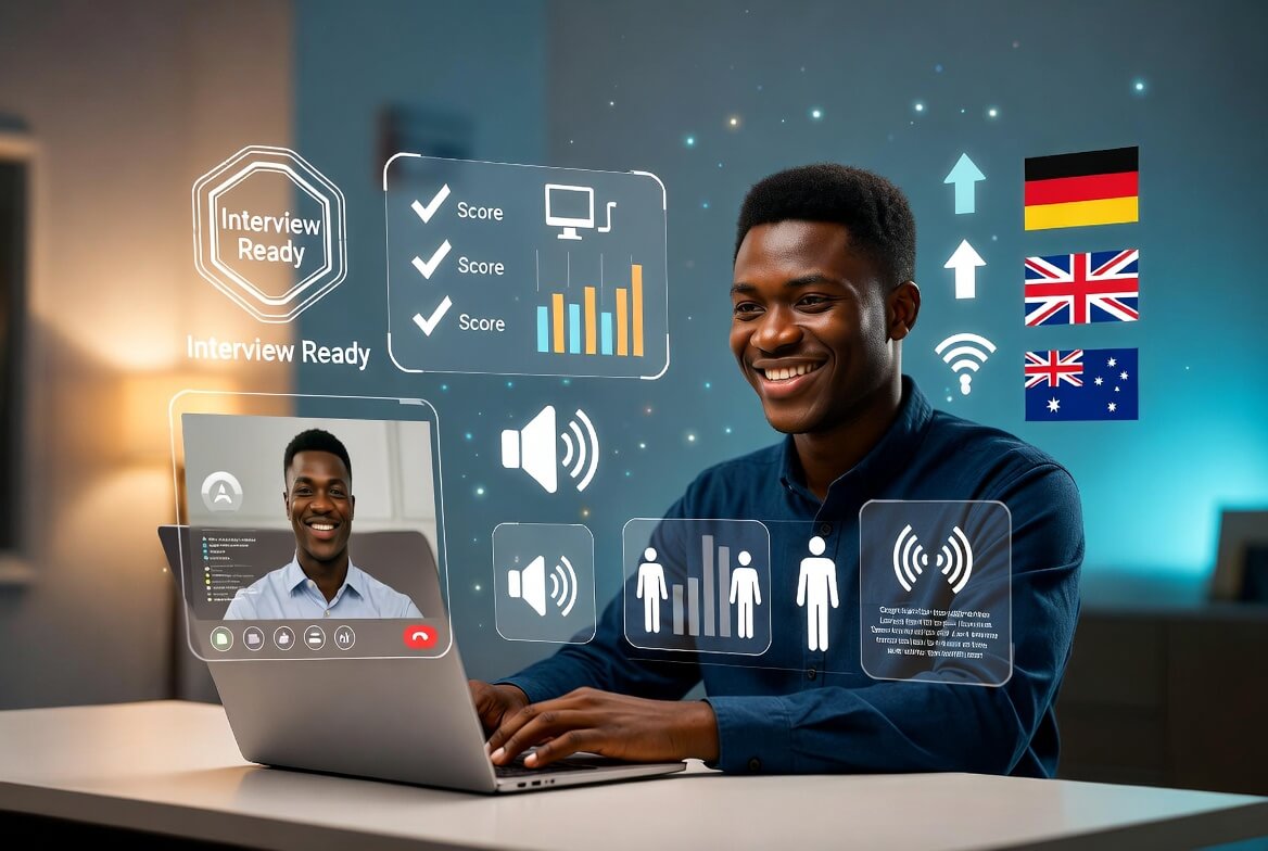 Nigerian tech professional practicing video job interviews using prep apps for sponsored roles in Germany, UK, and Australia in 2026