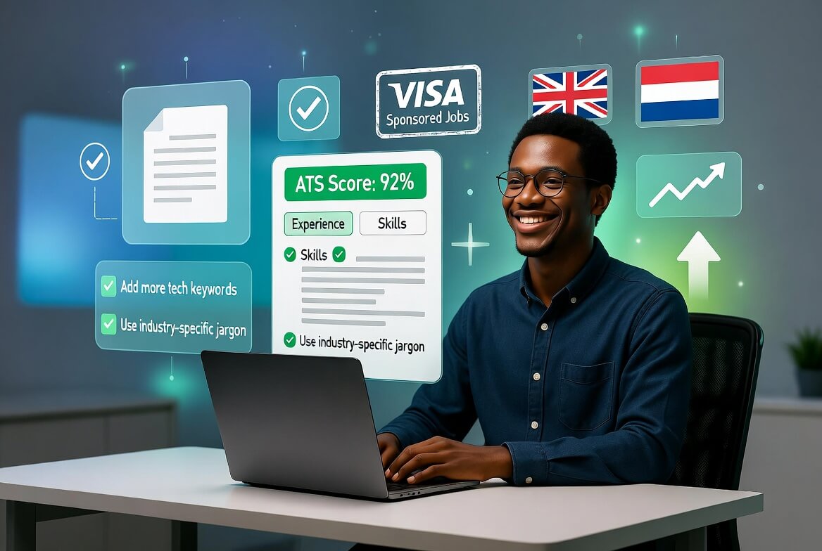 Nigerian tech professional using ATS-friendly resume scanners to optimize CV for visa-sponsored jobs in 2026