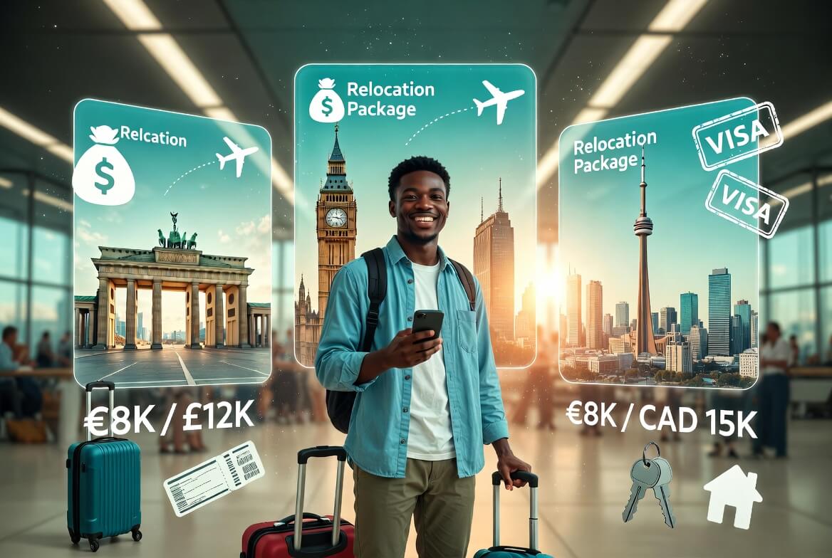 Tech professional arriving in Europe or Canada with relocation package support from companies in Berlin, London, and Toronto in 2026