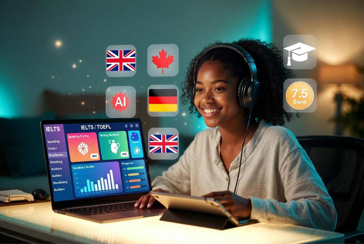 Young African student using AI-powered EdTech tools for IELTS and TOEFL preparation to boost study abroad application success in 2026