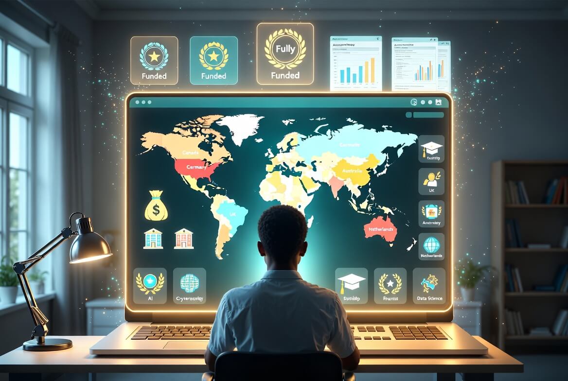 Young African student using data-driven AI tools to discover fully funded tech scholarships for studying abroad in 2026