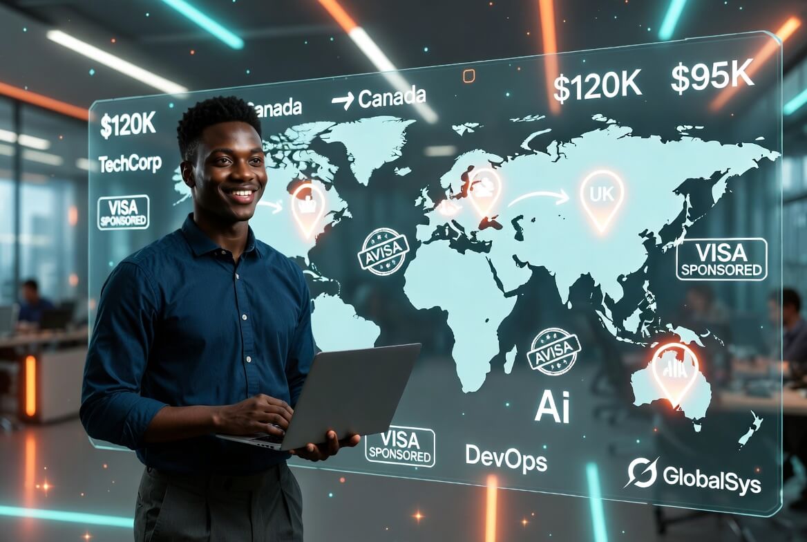 Young African tech professional exploring in-demand Backend, DevOps, and AI jobs abroad with visa sponsorship opportunities in 2026
