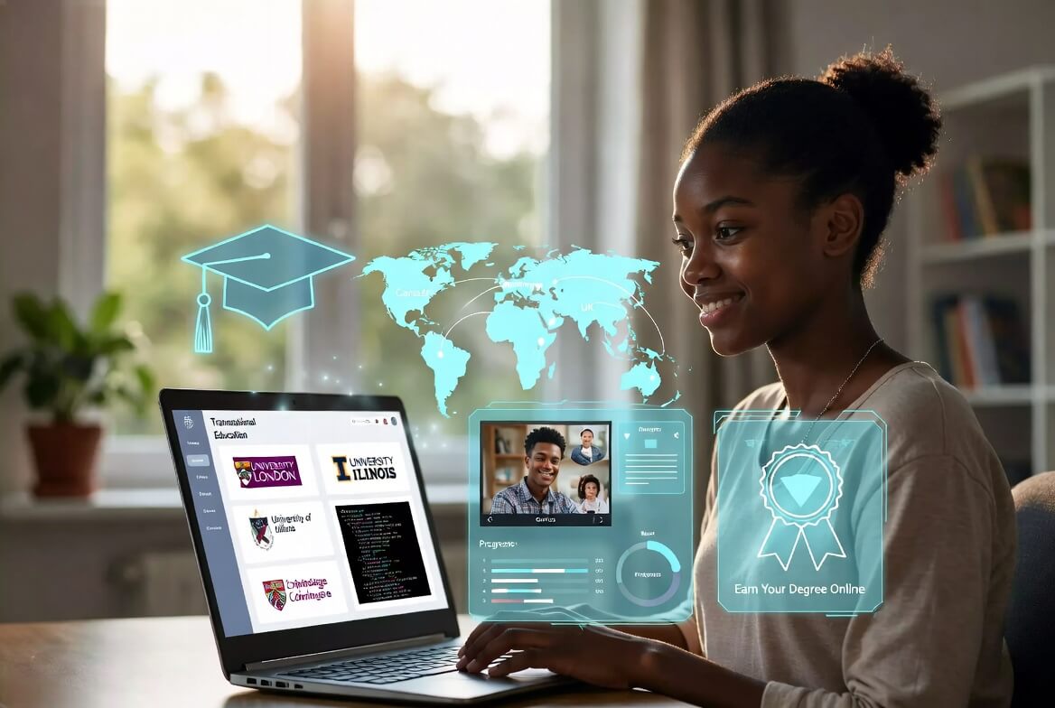 Young Nigerian student earning an international tech degree online using transnational education apps from home in 2026