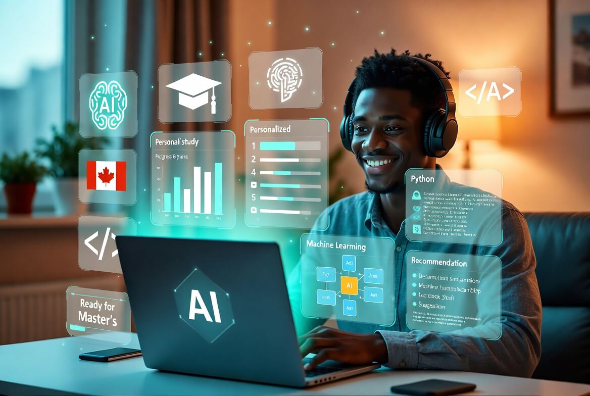 Young Nigerian student using AI tutors and adaptive learning apps to prepare for tech courses abroad from home in 2026
