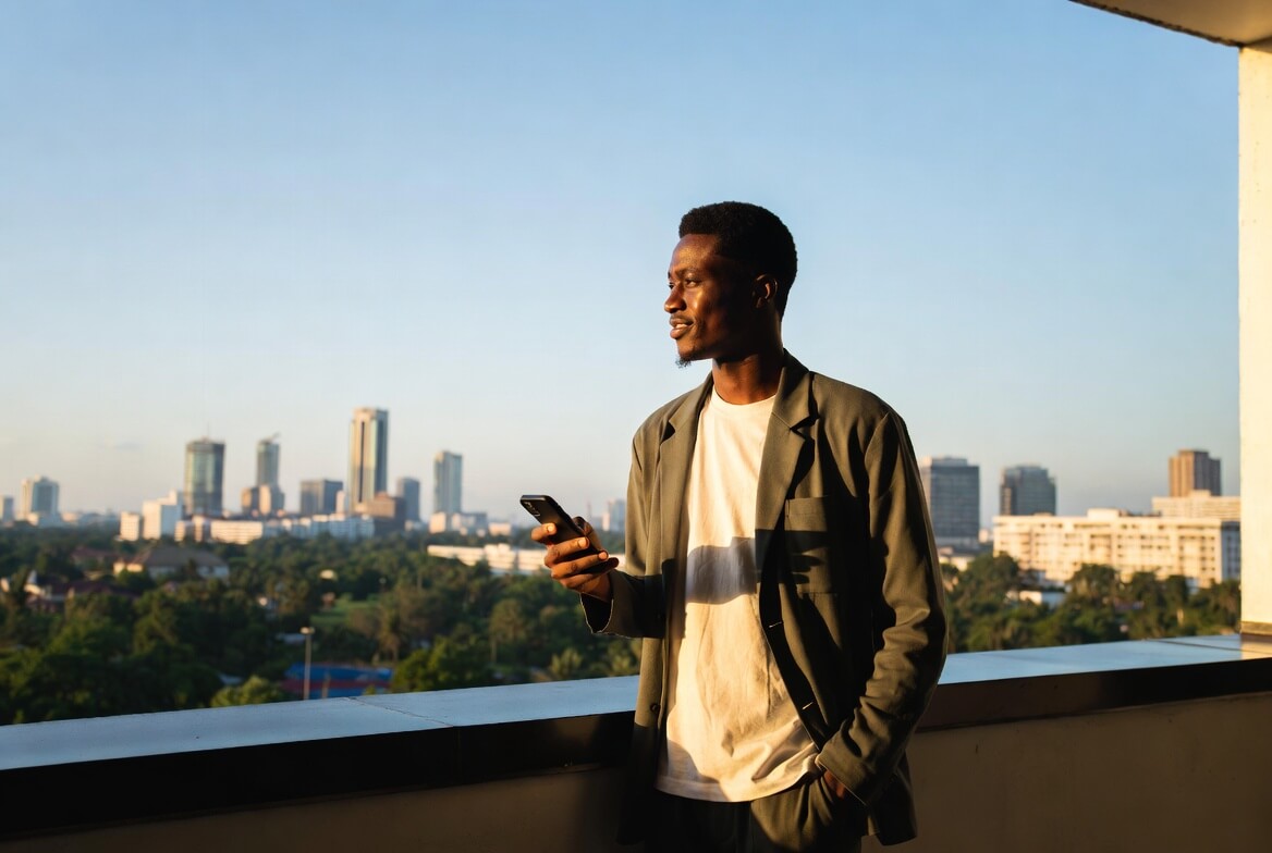 Young Nigerian tech professional looking toward the future of relocation using modern digital tools in 2026