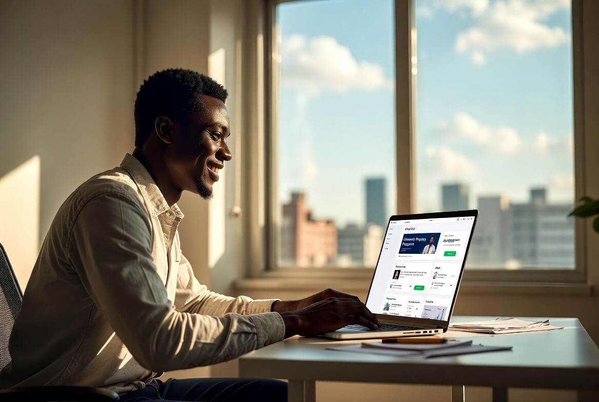 Young Nigerian tech professional using AI tools to plan his relocation journey from study abroad to career and personal life abroad