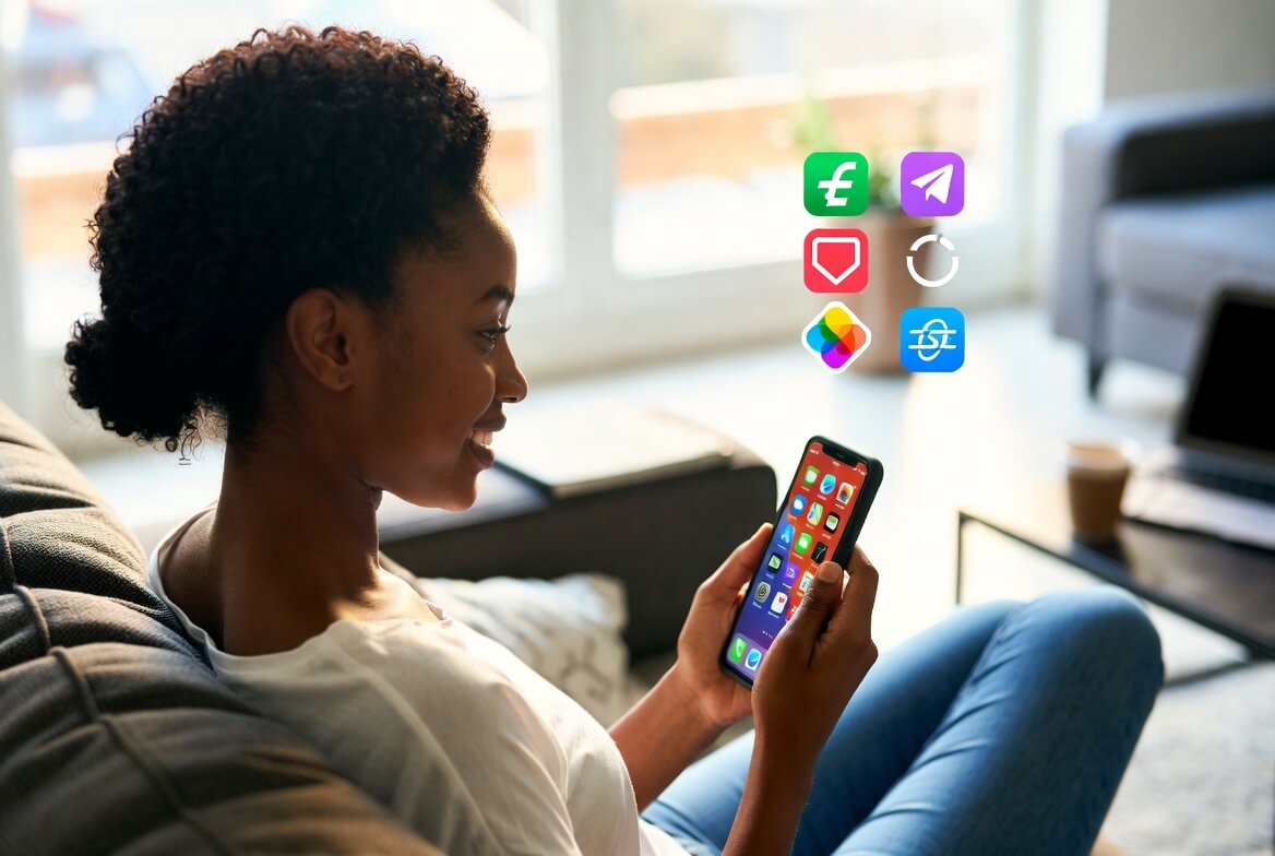 Young Nigerian woman using mobile apps while planning her relocation abroad