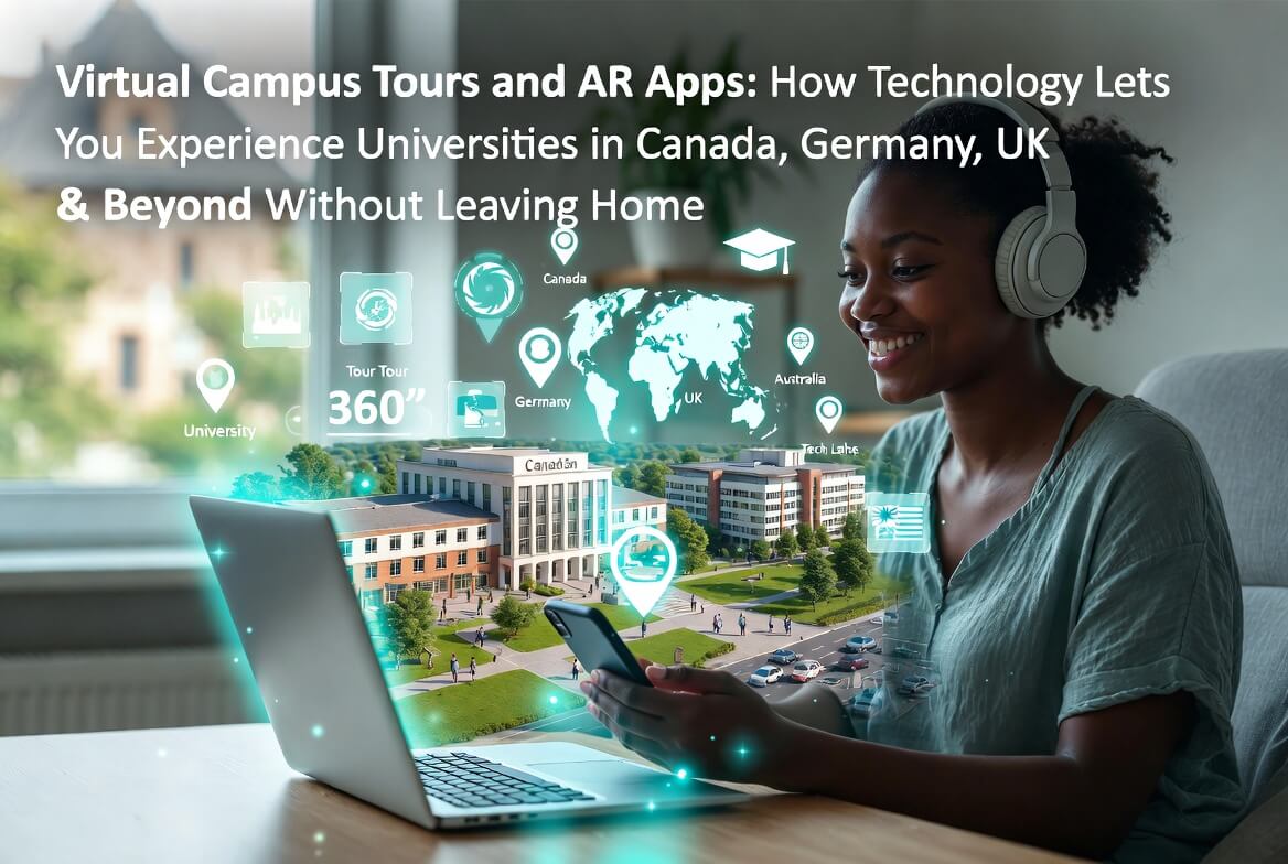 Young student experiencing virtual campus tours and AR apps from home to explore universities abroad in Canada, Germany, UK and beyond