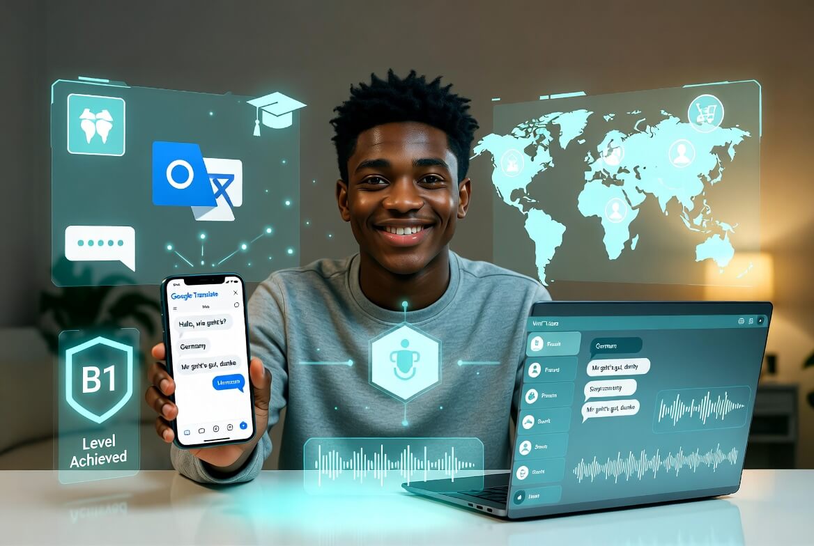 Young student using Google Translate and AI language learning tools to break language barriers for studying tech in Germany, Netherlands, and other non-English countries in 2026