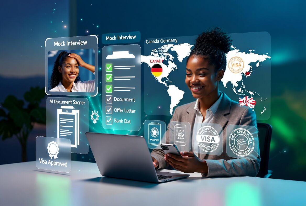 Young student using digital visa tools including mock interviews and document checkers to prepare for student visas abroad in 2026